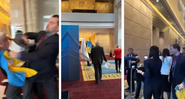 مسؤول روسي يتلقى "سلخة" بعد انتزاعه العلم الأوكراني بقمة دولية بتركيا (فيديو)